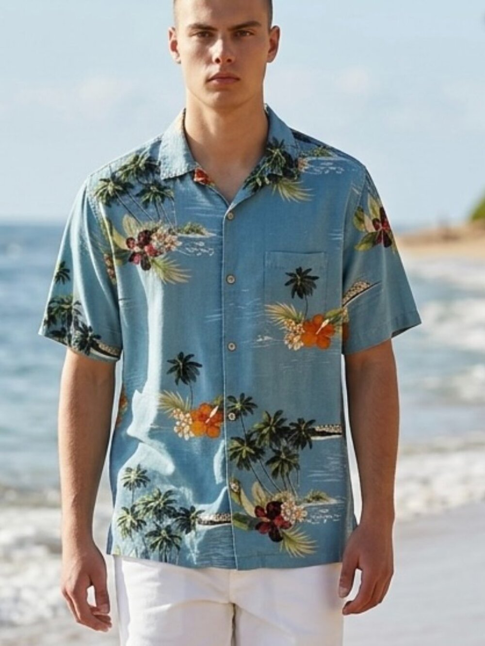 Silk & Linen Hawaiian shirt Men’s XL 28 Palms Button up Short Sleeve
